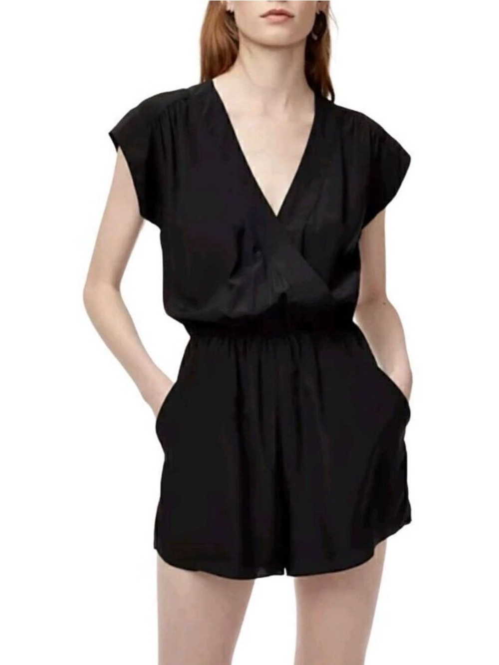Babaton Aritzia black 100% silk romper with pockets size medium summer
